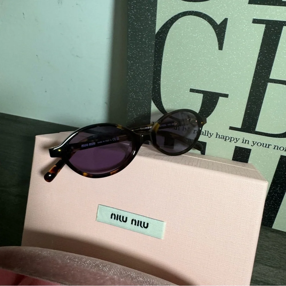 Miu Miu Tortoiseshell Oval Sunglasses with Purple Lenses - Picture 5 of 8